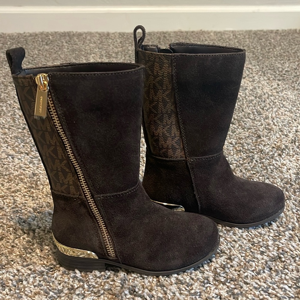 Michael Kors Kids Dark Brown Suede MK Logo Mid-Calf Boots with Gold Accent